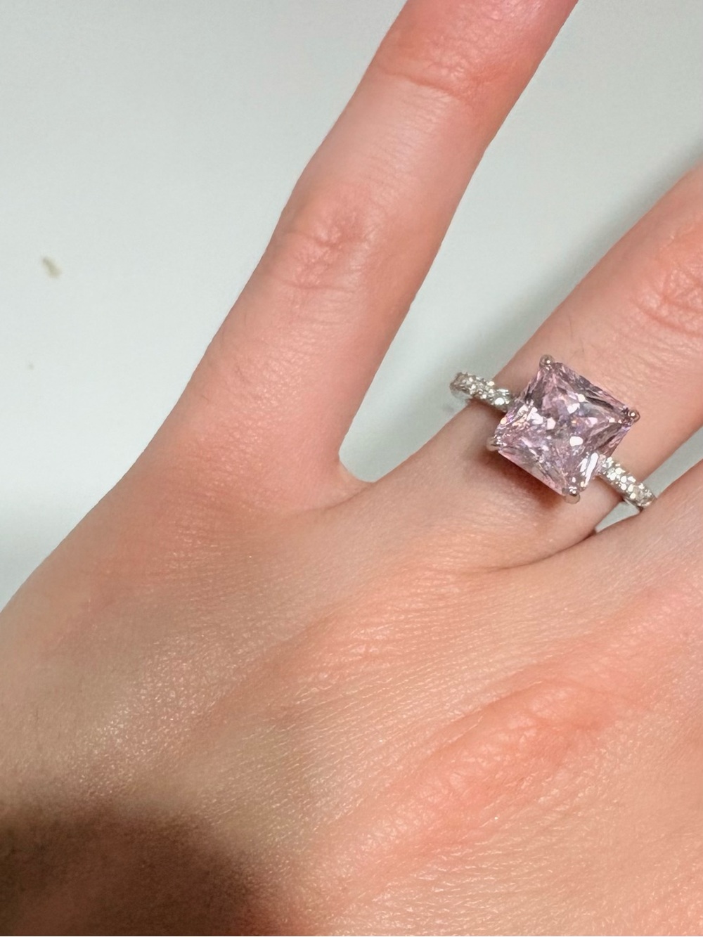 Sterling Silver Pink moissanite ring size 5 Cushion-Cut Ring with Pavé Band
